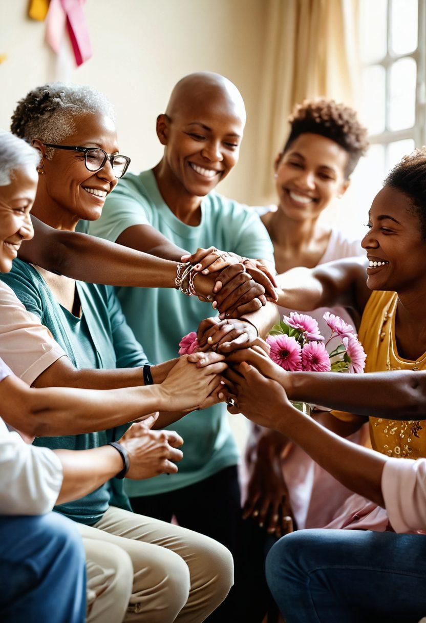 A diverse group of resilient cancer survivors sharing stories in a warm, supportive setting, holding hands in unity, surrounded by symbols of hope like ribbons and blooming flowers. Soft sunlight filters through the scene, illuminating their joyful expressions and creating a sense of empowerment and community. Focus on vibrant colors to convey hope and positivity. super-realistic. warm tones. uplifting atmosphere.
