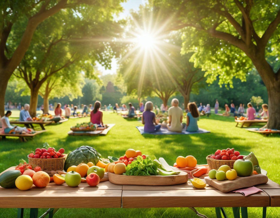 A serene scene depicting a diverse group of people practicing mindfulness in a lush, green park, surrounded by healthy food options like fruits and vegetables, symbolizing nutrition. In the background, informative cancer education materials are displayed creatively on a picnic table. Soft sunlight filters through the trees, creating a peaceful and hopeful atmosphere. vibrant colors. 3D.